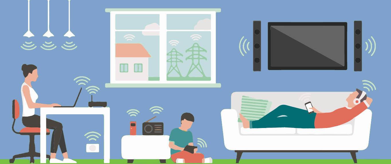 Grafik mit Familie zeigt an wieviele Strahlenquellen für Elektrosmog es in der Wohnung und ausserhalb gibt.